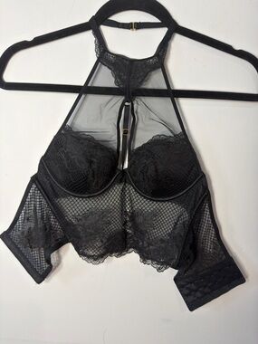 Victoria's Secret Black Lace Halter Bralette with Sheer Mesh